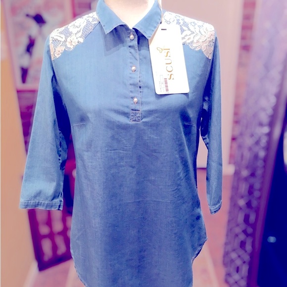 🆕 SCUSI - Denim-look Tunic - Lace Shoulders - Size M 🌺🌺🌺 - Picture 6 of 15